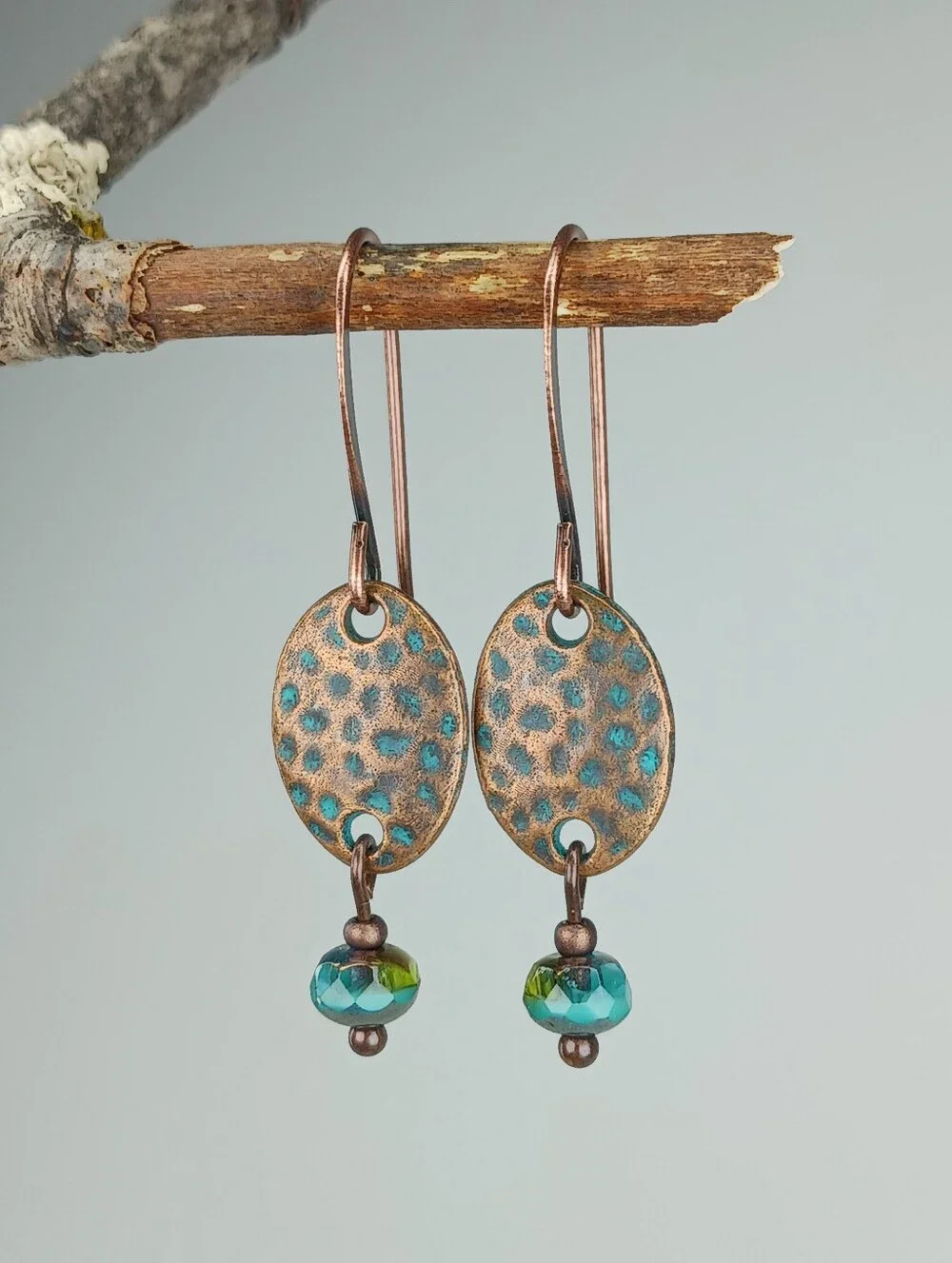 Patina Copper Earrings Turquoise Czech Glass Rustic Artisan Hand Crafted